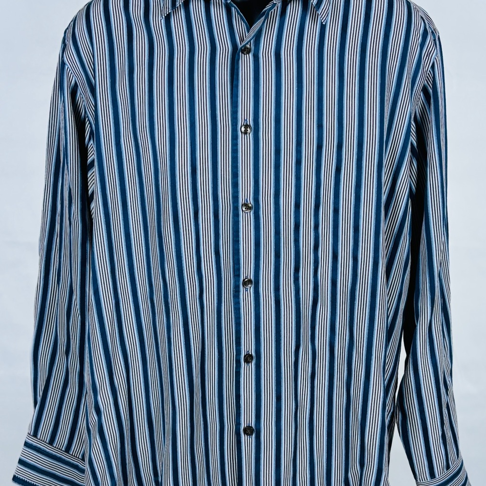Tommy Bahama Men’s 100% Silk Blue Pinstripe Button Up Shirt L Long Sleeve
